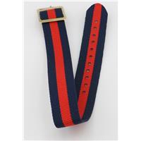 Authentic WBHQ 18MM Nylon one piece strap with gold buckle. strap is blue with a centered red stripe  watch band
